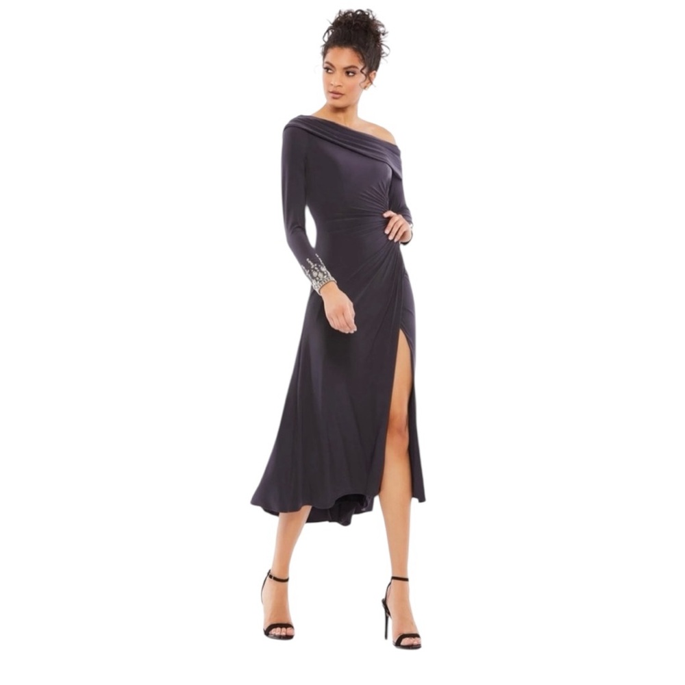 NWT Ieena for MacDuggal 26484 Charcoal One Shoulder Jersey Midi‎ Dress Size 14